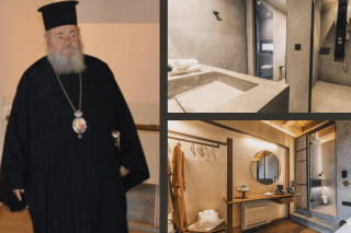 Αριστερά: ο Μητροπολίτης Δαμασκηνός όταν παρουσίασε το «μουσείο» στα ΜΜΕ. Δεξιά: φωτογραφίες από τις σουίτες